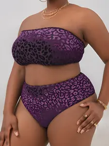 Two-Piece Set Plus Size Leopard Print Bikini Set, Casual Strapless Swim Top & High Waist Swim Bottom, Women's Two-piece Swimsuit for Summer Beach Holiday Vacation, High Rise Swimwear