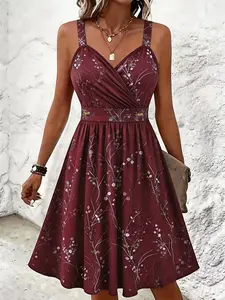 New Plus Size Women's Spring Summer Casual Print Cross Front V Neck Dress, Thick Straps, A-Line Skirt, Waist Tie, Perfect for Dates and Daily Wear