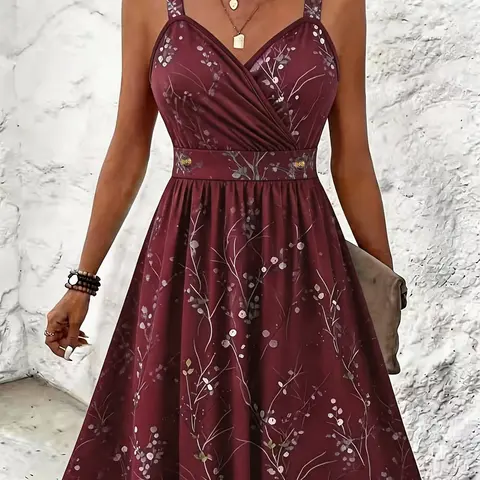 New Plus Size Women's Spring Summer Casual Chic Boho A Line Floral Print Cross Front V Neck Dress, Sleeveless, Thick Straps, A-Line Skirt, Waist Tie, Perfect for Dates and Daily Wear Boho Casual Fashion
