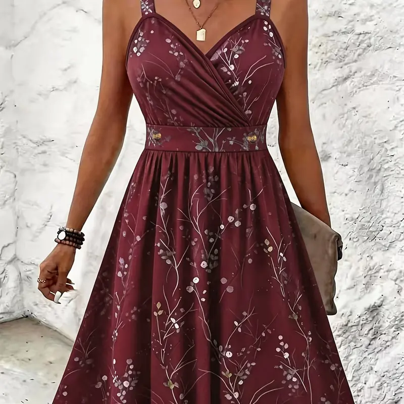 New Plus Size Women's Spring Summer Casual Chic Boho A Line Floral Print Cross Front V Neck Dress, Sleeveless, Thick Straps, A-Line Skirt, Waist Tie, Perfect for Dates and Daily Wear Boho Casual Fashion
