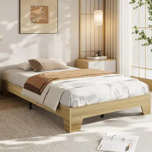 Natural Oak Full Size Platform Bed Frame, Minimalist Wood Bed Frame No Headboard Needed, Sturdy Low Profile Bed with Natural Wood Grain, Noise-Free & Easy Assembly
