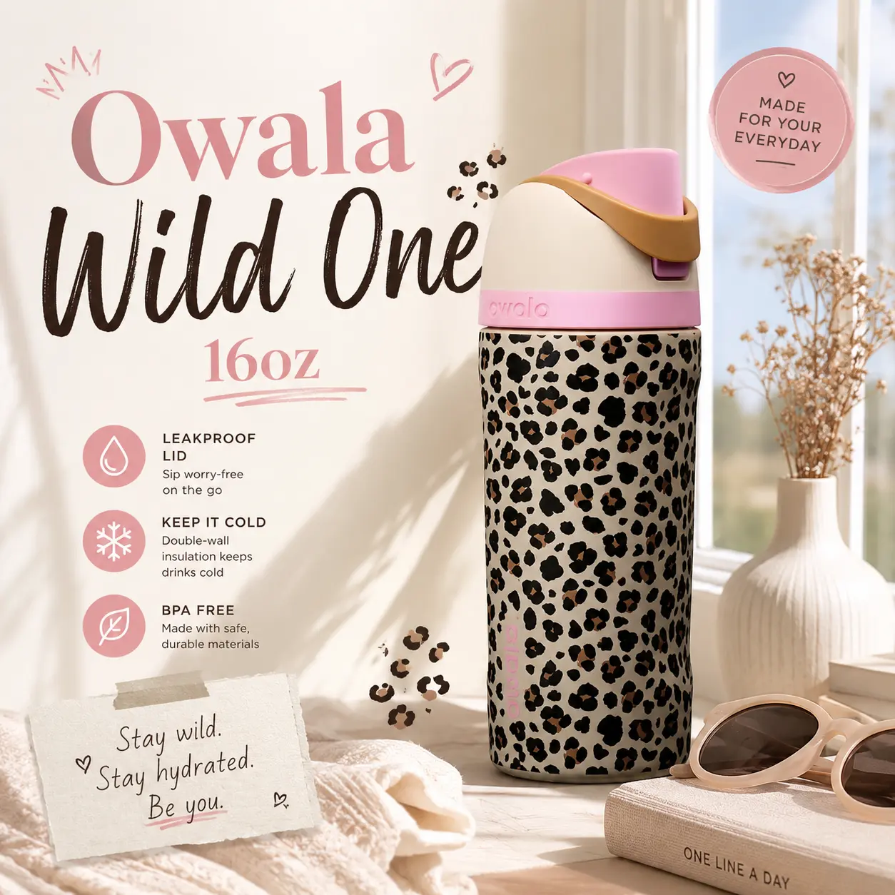 Owala Wild One 16oz FreeSip Kids Water Bottle | Wild One Pink Leopard Insulated Stainless Steel Bottle for School, Lunch Bags, Travel & Daily Hydration