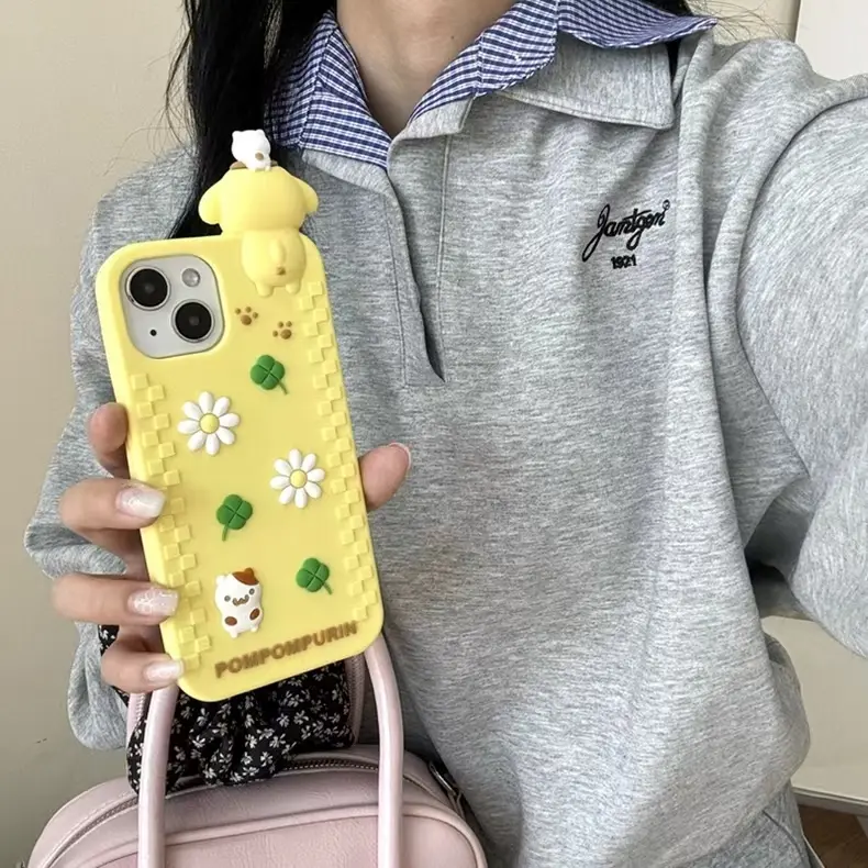 Baiyang168 Studio 3D Cartoon Pudding Dog Silicone Phone Case for Apple iPhone 16 Pro Max 15 14 Pro Korean Japanese Style Soft Cover with Adorable Daisy Design