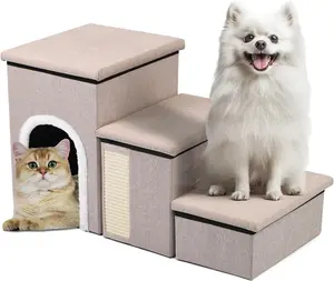 Dog Steps for Bed and Couch, 17”H Foldable Dog Stairs for Small Older Dogs Cats, Adjustable Pet Cat Stairs with Storage, Dog Ramps with Condo, Cat Scratcher, Hold Up to 180LBS, Pet Cat Steps Beige