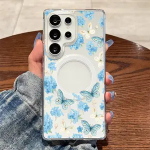Fresh Blue Butterfly and Flower Branch Surround,Magnetic Ring,Wireless Charging,Supports for Samsung Galaxy S26 S25 S24 S23 S22 S21 S20 Fe Plus Ultra Edge S10E A57 A56 A55 A54 A37 A36 A35 A34 A26 A25 A24 A23 A17 A16 A15 A14 A07 A06 A05s Note20 Note10
