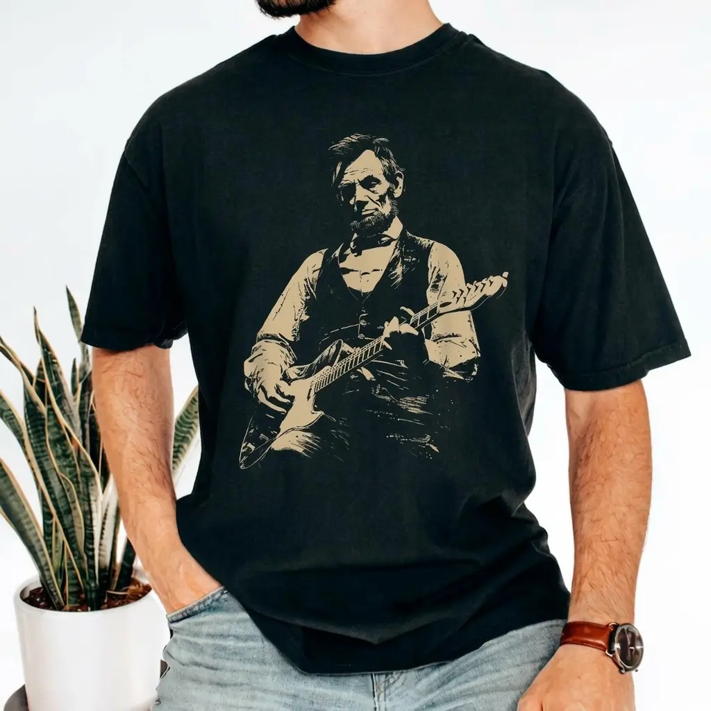 President Abraham Lincoln Playing Guitar Abe Lincoln T-Shirt, Funny History Music Lover Gift, Vintage Political Humor Tee