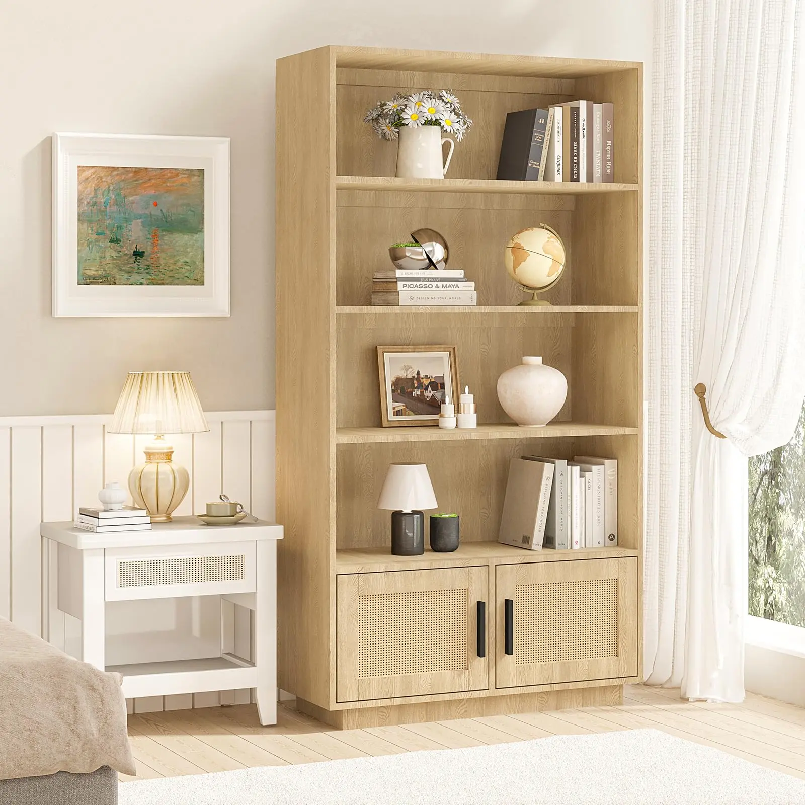 5 Tier Wooden Bookcase with Rattan Doors, Boho Tall Bookshelf with Open Shelves and Storage Cabinet, Floor Standing Accent Shelf Organizer for Living Room Bedroom Home Office Kitchen, Durable Display Shelf
