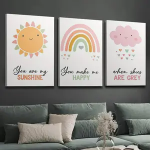 3-piece wooden framed canvas print decorative painting, rainbow sun, clouds, soft colors, pink nursery decor, you are my sunshine, minimalism, indoor home wall art decoration