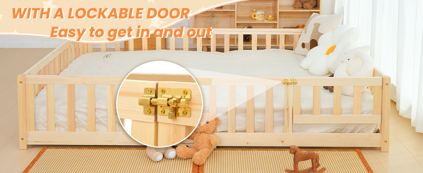Naudacaa Twin/Full Size Montessori Floor Bed for Kids, Solid Wood Bed Frame with Fence, Door & Safety Guardrails, CPC Certified