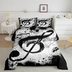 Music Notes Comforter Set Rock Music Themed Comforter Musical Pattern Bedding Set for Kids Adults Grunge Design Duvet Set Ultra Soft Black White Room Decor Quilt Set