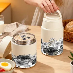 1pc 27/17oz Insulated Food Jar with Elegant Monochrome Hibiscus and Cosmos Floral Print, Lunch Vacuum Soup Thermos For Hot Food with Inserts Stackable Bento Box Storage Container,Width Mouth Stainless Steel Porta