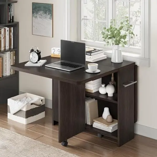 Foldable Farmhouse Drop Leaf Dining Table - 2-Layer Storage Shelf, Wheeled Base (6 Wheels), Multipose Expandable Design, Space-Saving Multi-Use Kitchen Table for Small Spaces (Walnut, 47.2" D x 23.6" W x 29.5" H), 2-Tier Dining Tables, All-In-One Dining T