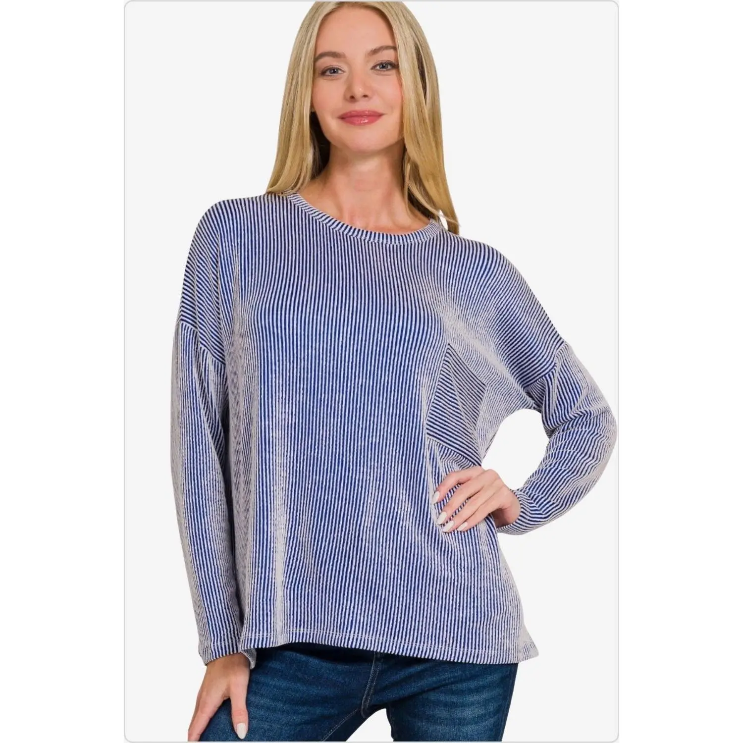 Women's Ribbed Striped Long Sleeve T-Shirt in Bright Blue
