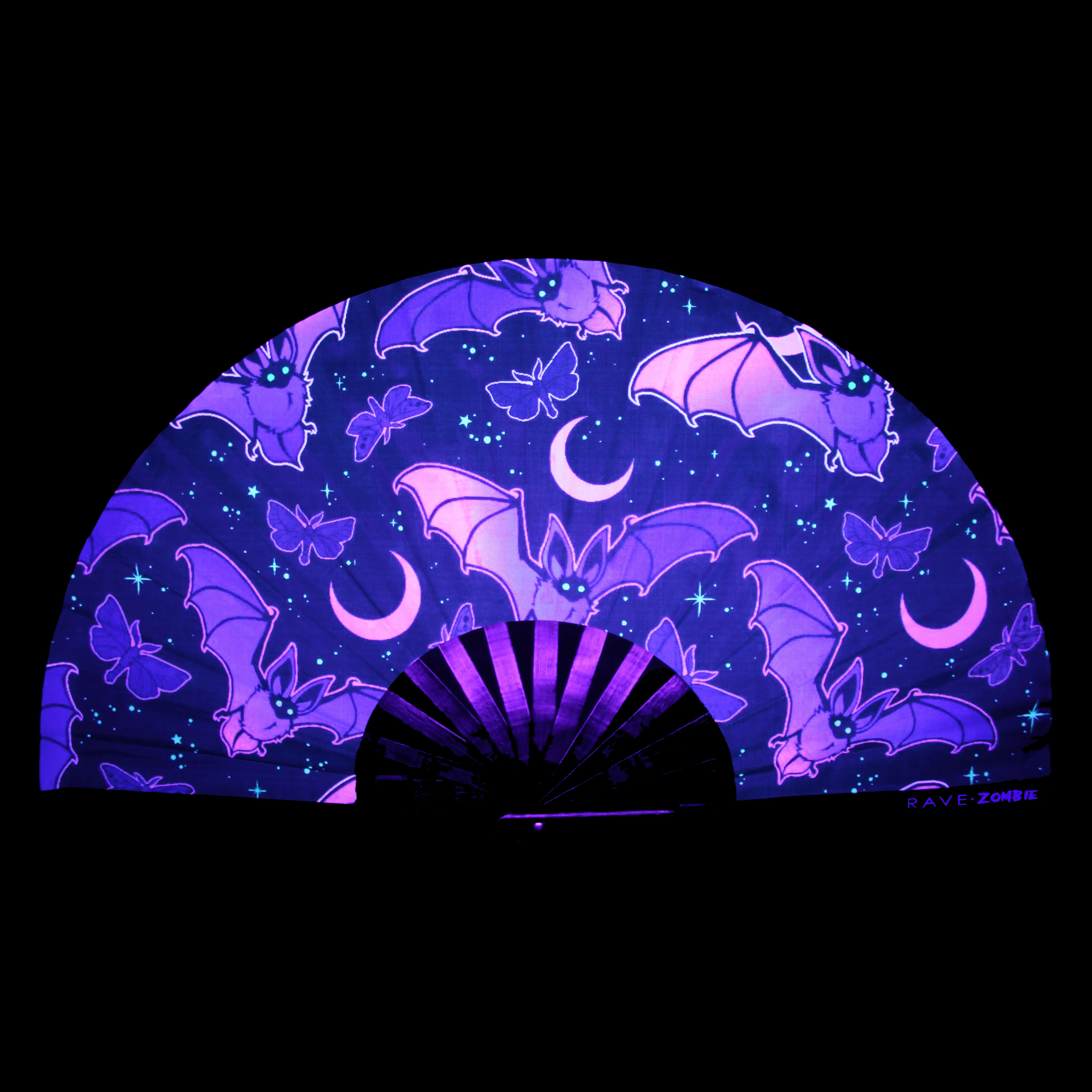 Moonlight Bats UV-Reactive Hand Fan | Foldable Bamboo Ribs | Premium Polyester Fabric | Matching Holster | Rave Fan | Festival Fan Decor Lightweight Accessory Foldable Cooling Wooden