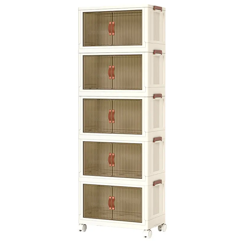 5-Tier Foldable Storage Box with Clear Doors, Stackable Plastic Organizer on Wheels for Closet, Pantry, Kitchen & Playroom