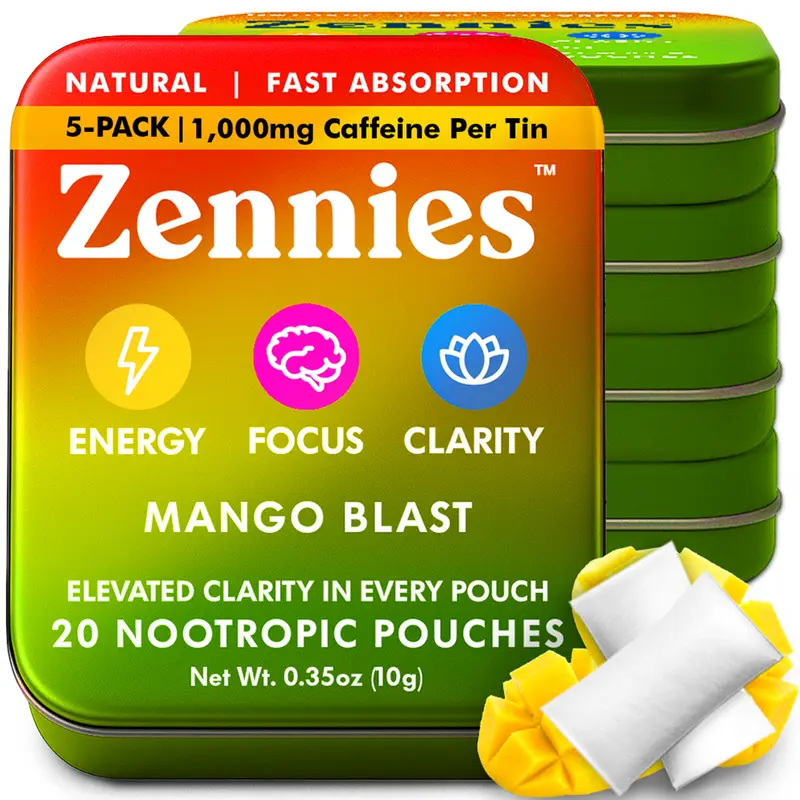 Zennies by Parrox - Caffeine Nootropic Pouches (Mango Blast Flavor) - No Nicotine, No Sugar, & All Natural - Fast Absorption for Energy, Focus, & Clarity - (20 Pouches)