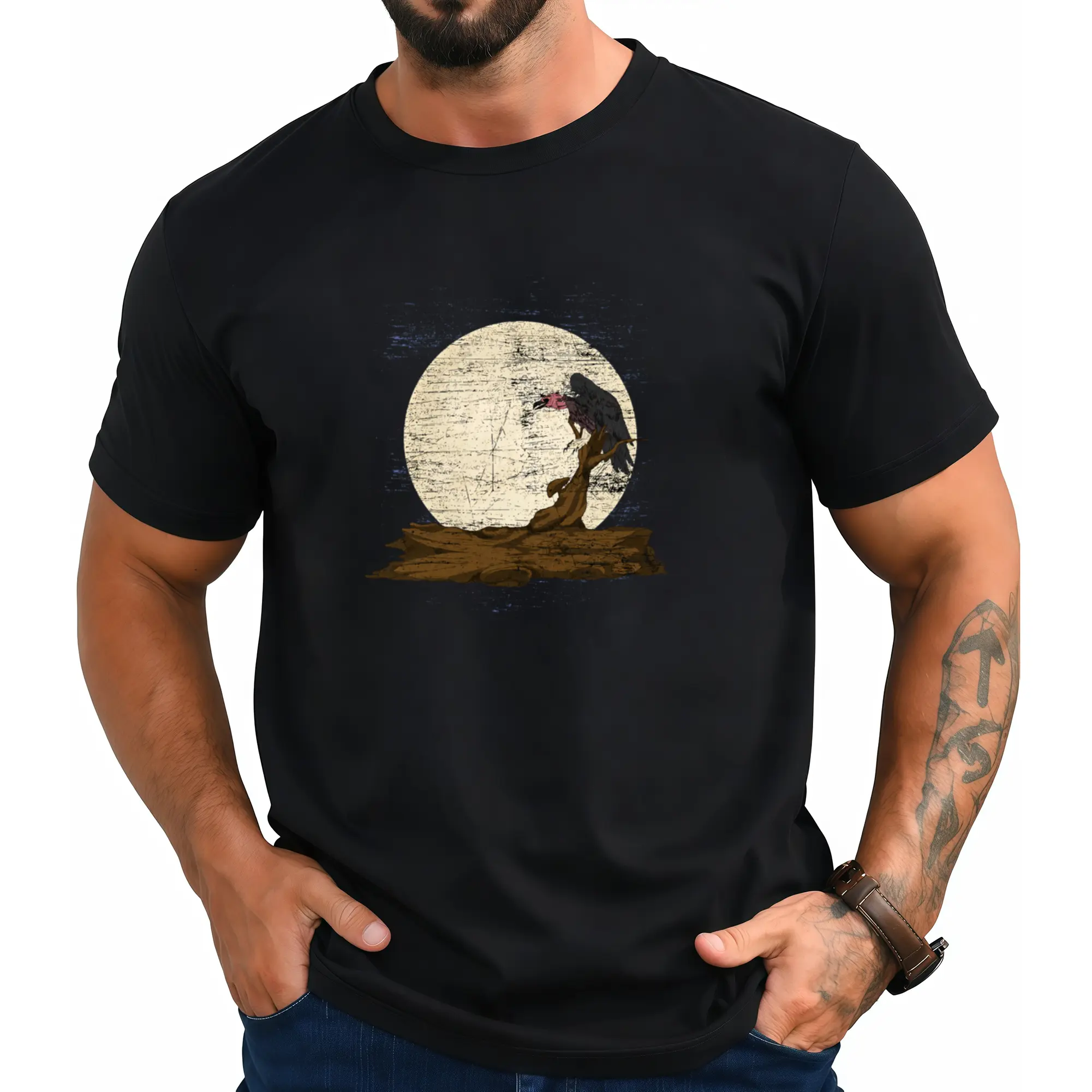Scavenger Bird Moonlight Full Moon Turkey Vulture Vulture T-Shirt[Cool Design] Street Trending Style Women's Tee Comfortable Cotton Round Neck Shorts Same Gender Design and Sleeves Men's T Shirts