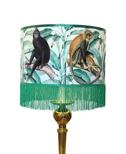Primate Lampshade - Handmade Decorative Lighting Accessory with Monkey Design, 4" Chainette Fringe Trim & 3/8" Ribbon Trim, Reusable Artistic Lighting