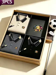 3-Pack Men's Fashion Business Casual Polo Shirts, Mixed Colors, Breathable, All Seasons, Polyester Material, Gift for Men
