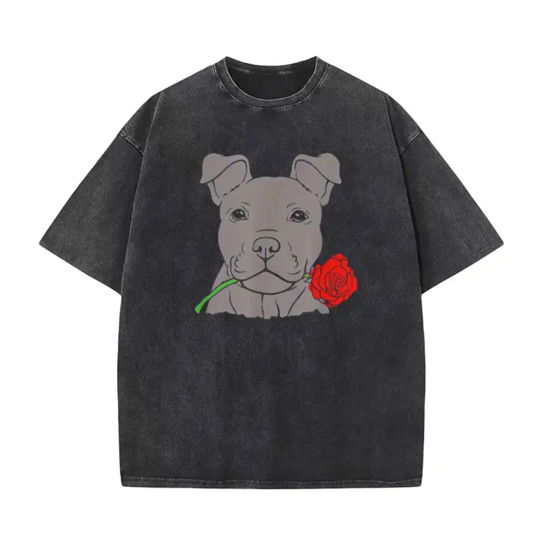 intage Acid Washed Heavy Cotton Oversized Crew Neck T Shirt, Front Cute Pitbull Puppy Holding Red Rose Graphic Print Loose Drop Shoulder Unisex Short Sleeve Top, Retro Grunge Romantic Streetwear Casual Basic Tee Perfect Gift  ,wash t-shirt