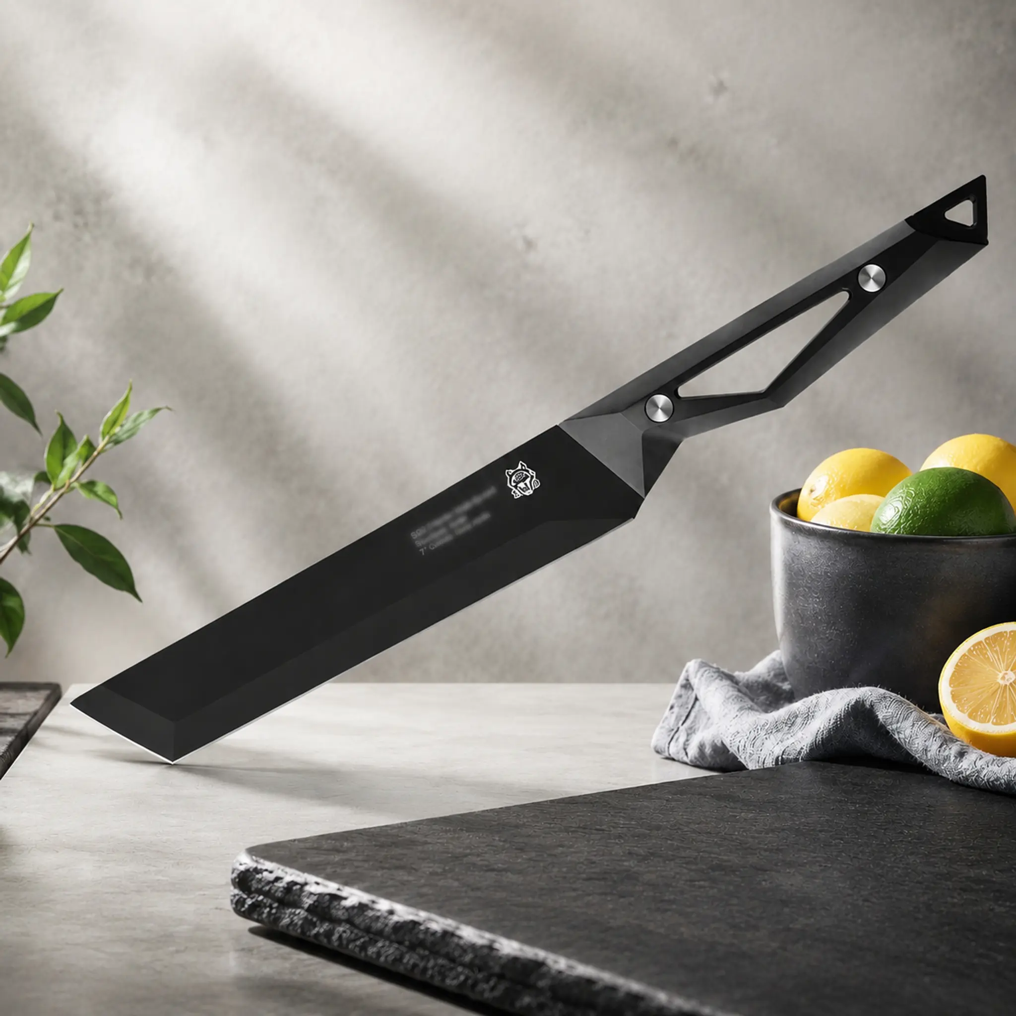 DIY SERIES Futuristic 6.5'' Rounded Tip Nakiri Knife, Matte Black Stainless Steel Kitchen Knife with Geometric Hollow Handle DO IT BY YOURSELF