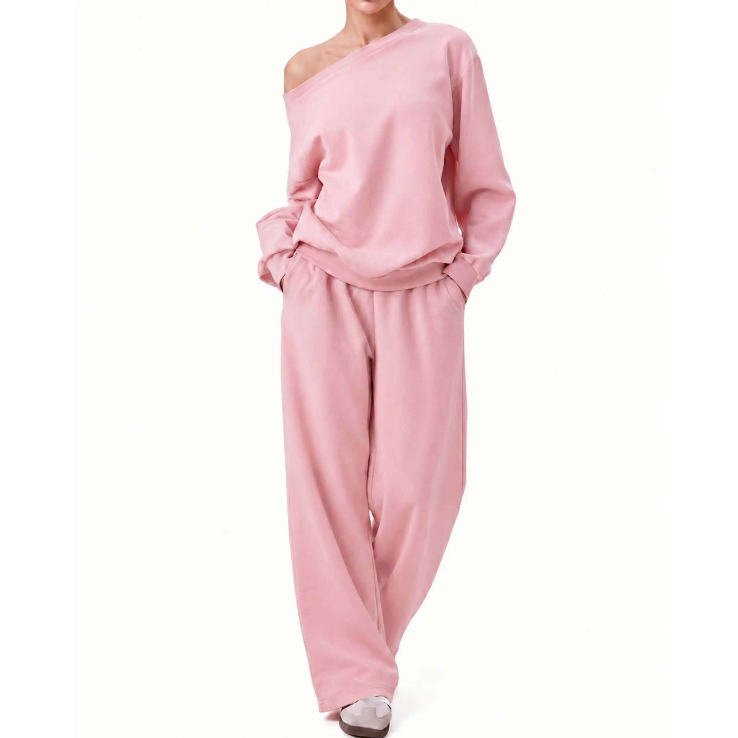 Women's Classy Pajama Set, Silky Thick Plush Viscose 2-Piece Nightwear, Sloping Shoulder Top & Wide Leg Lounge Pants, Lady, Soft, Style