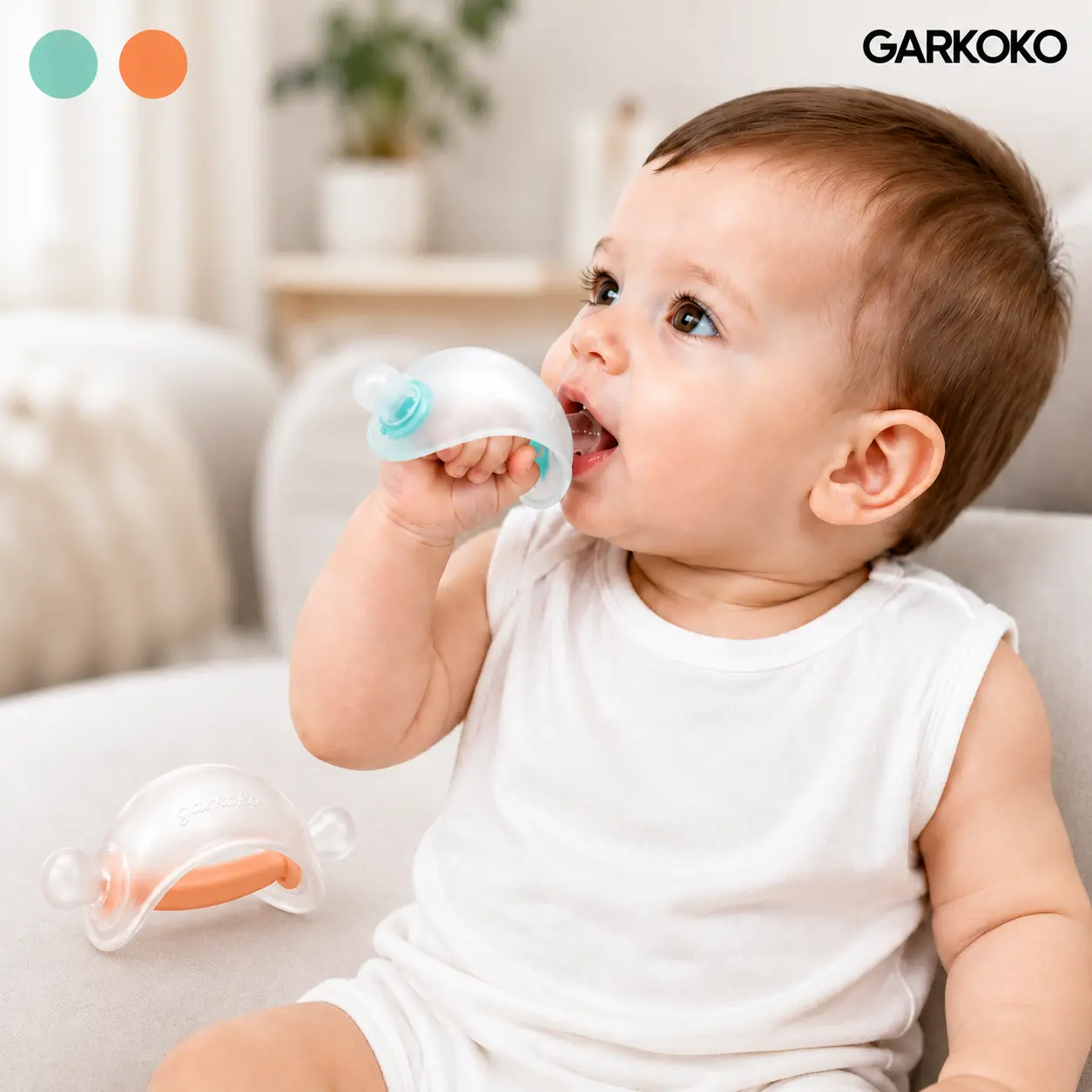Garkoko Baby Teether Wristband - Wearable Anti-Drop Hand & Sensory Teether, Soft Food-Grade Silicone, BPA-Free Gum Soother with Easy-Grip Handle, Gentle Teething Toy for 3–18 Months Babies, Peach & Blue, Hand Teether