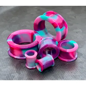 PAIR of Stunning Pink, Purple & Teal Swirl Galaxy Silicone Double Flare Tunnel/Plugs - Gauges 2g (6.5mm) up to 2" (50mm)