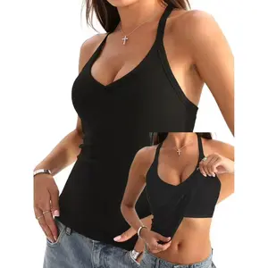 V Neck Cotton Tank Tops with Built-in Shelf Bra Sleeveless Racerback Fitted Basic Cami Shirts