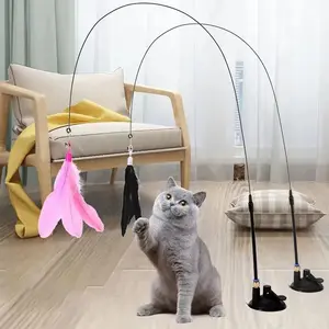 Cat Feather Wand Toy with Strong Suction Cup, Detachable Wand with 2 Replacement Feathers, Interactive Kitten Toy for Indoor Use