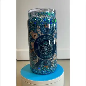 Starbucks Blue Floral Glitter Snowglobe Tumbler Cup 16oz with Sparkling Design and Floral Accents