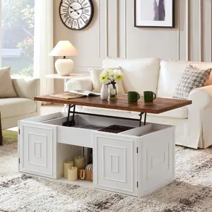 【DealsforYouDays】ONBRILL Lift Top Coffee Table with Storage, 48" Rustic Center Table with Hidden Storage Compartment and 2 Cabinet, White Coffee Table Converts to Dining Table, Living Room Furniture