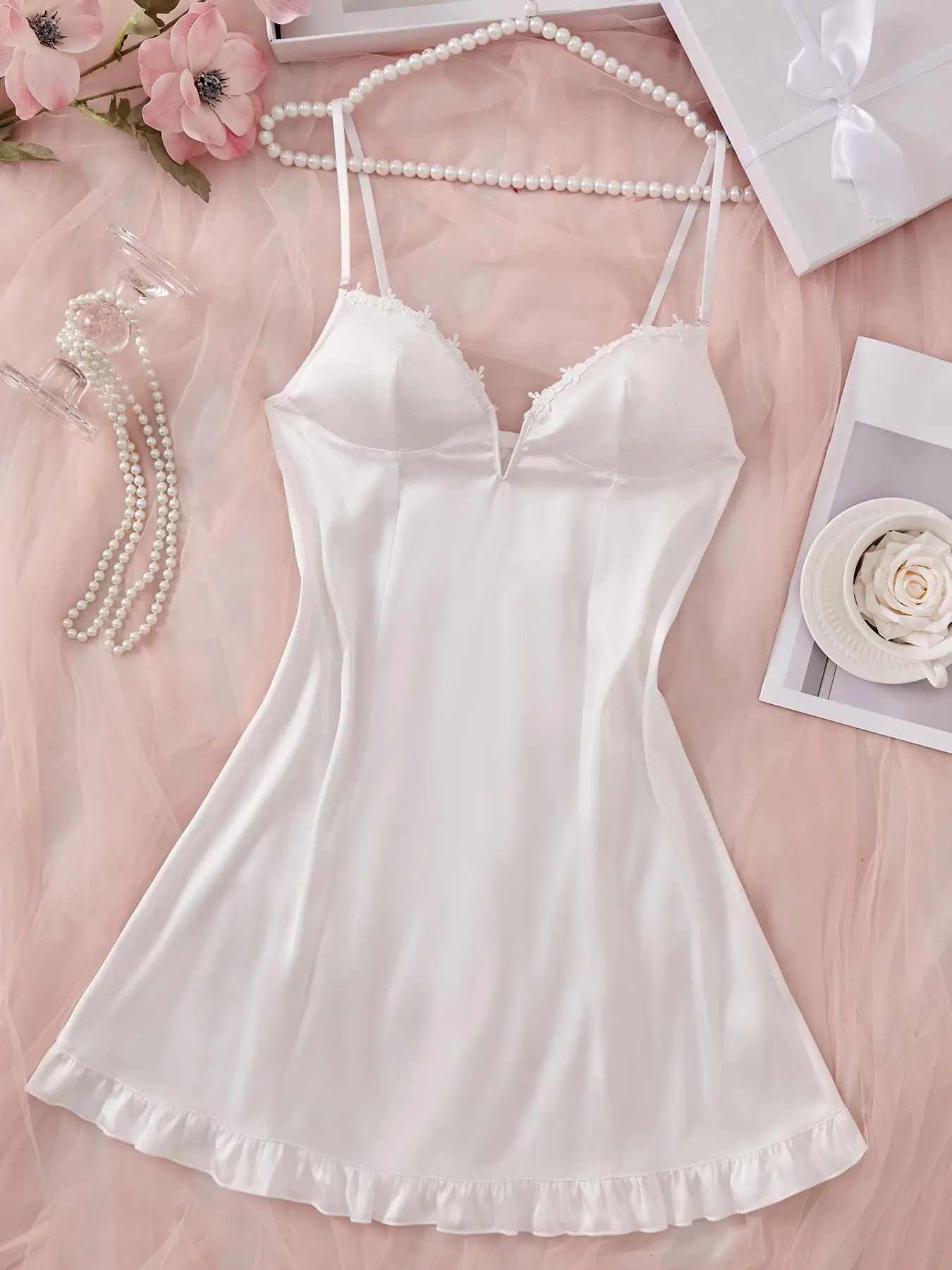 Women's Contrast Lace Frill Trim Sleeveless Cami Nightdress, Solid Adjustable Strap Backless Nightgown, Soft Comfy Cute Sleepwear Loungewear for Women, Womenswear, Lace Babydoll Nightwear, Chemise Nightie