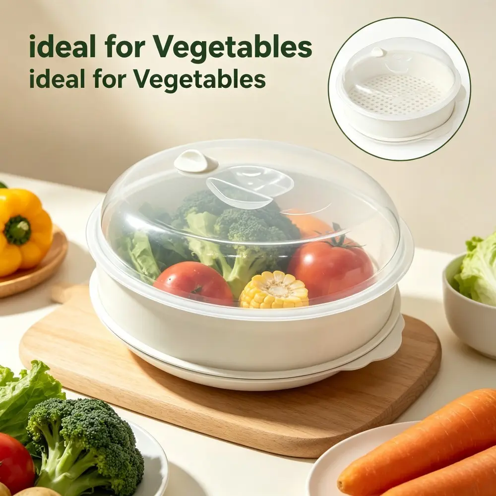 1pc transparent lid microwave oven specific steaming bowl, portable single-layer vegetable steaming plate, multifunctional kitchen suitable for dumplings, buns, fruits, and vegetables, microwave oven steaming container