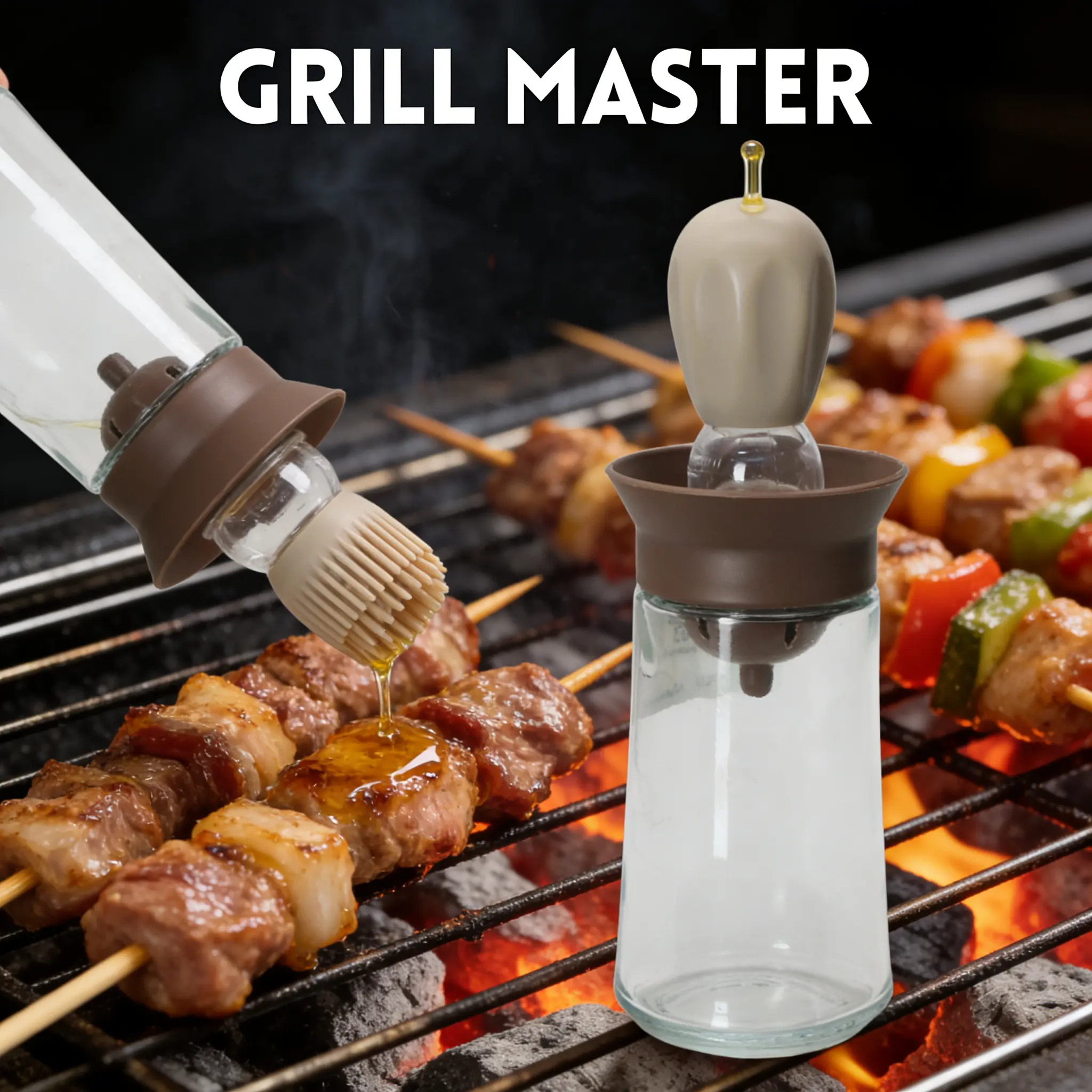 2-in-1 glass olive oil dispenser bottle with silicone brush and dropper measuring container for kitchen cooking, BBQ, baking