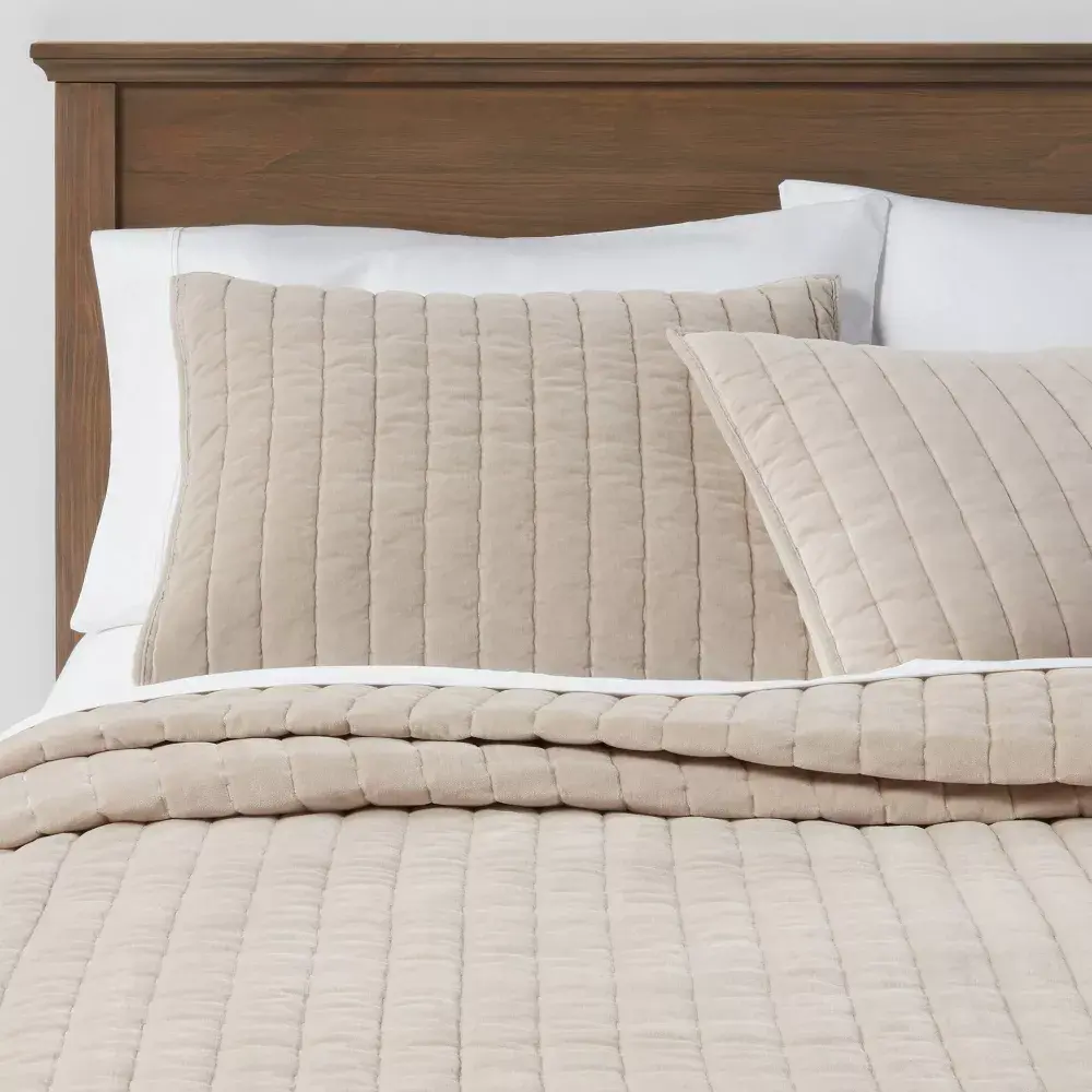 Full/Queen Channel Stitch Velvet Quilt Natural - Threshold: Cotton Backing Year Round Comfort Machine Washable
