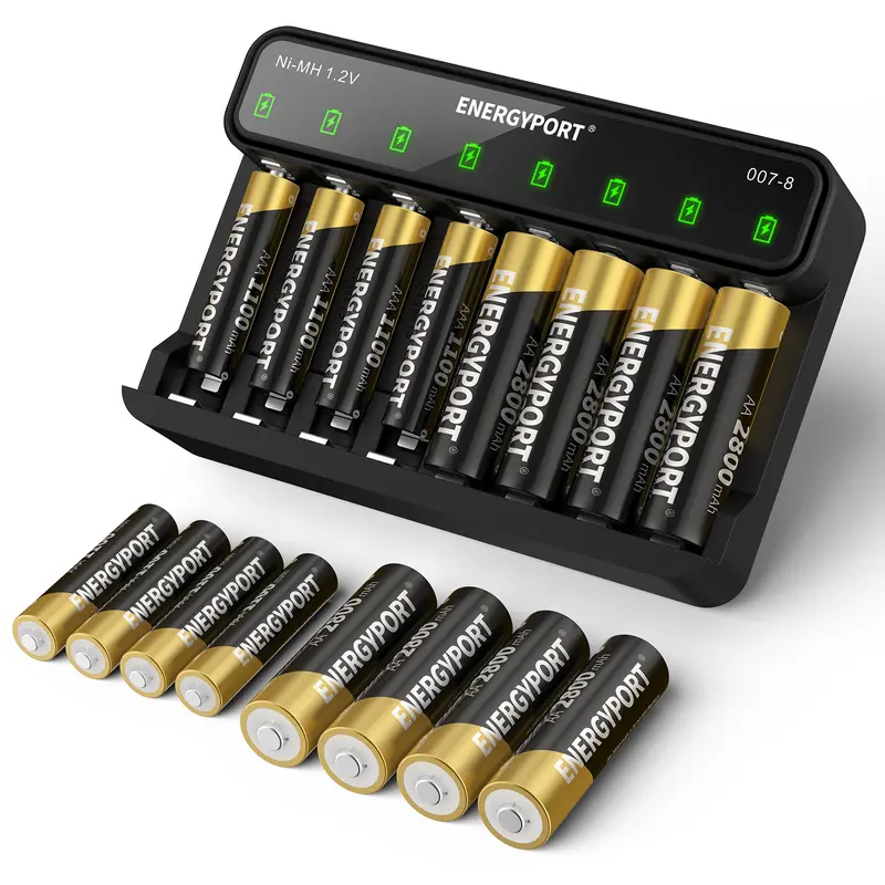 ENERGYPORT 8-Bay Smart Charger , AA AAA Rechargeable Battery, 8 X 2800mAh AA , 8 X 1100mAh AAA Batteries – Fast Charging for Home Devices Battery Charger Combo Battery Charger Kit