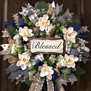 Zmocen 22 inch spring summer wreath, magnolia wreaths for front door with eucalyptus & blue grey burlap bow, year round wreaths for porch farmhouse patio door decor all season (1 pcs)