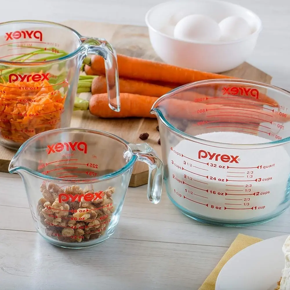 Essentials (3-Pack) Glass Measuring Cups Set, (1, 2 & 4 Cup) Measuring Cups For Prepping, Baking and Cooking, Preheated Oven, Dishwasher, Freezer, and Microwave Safe