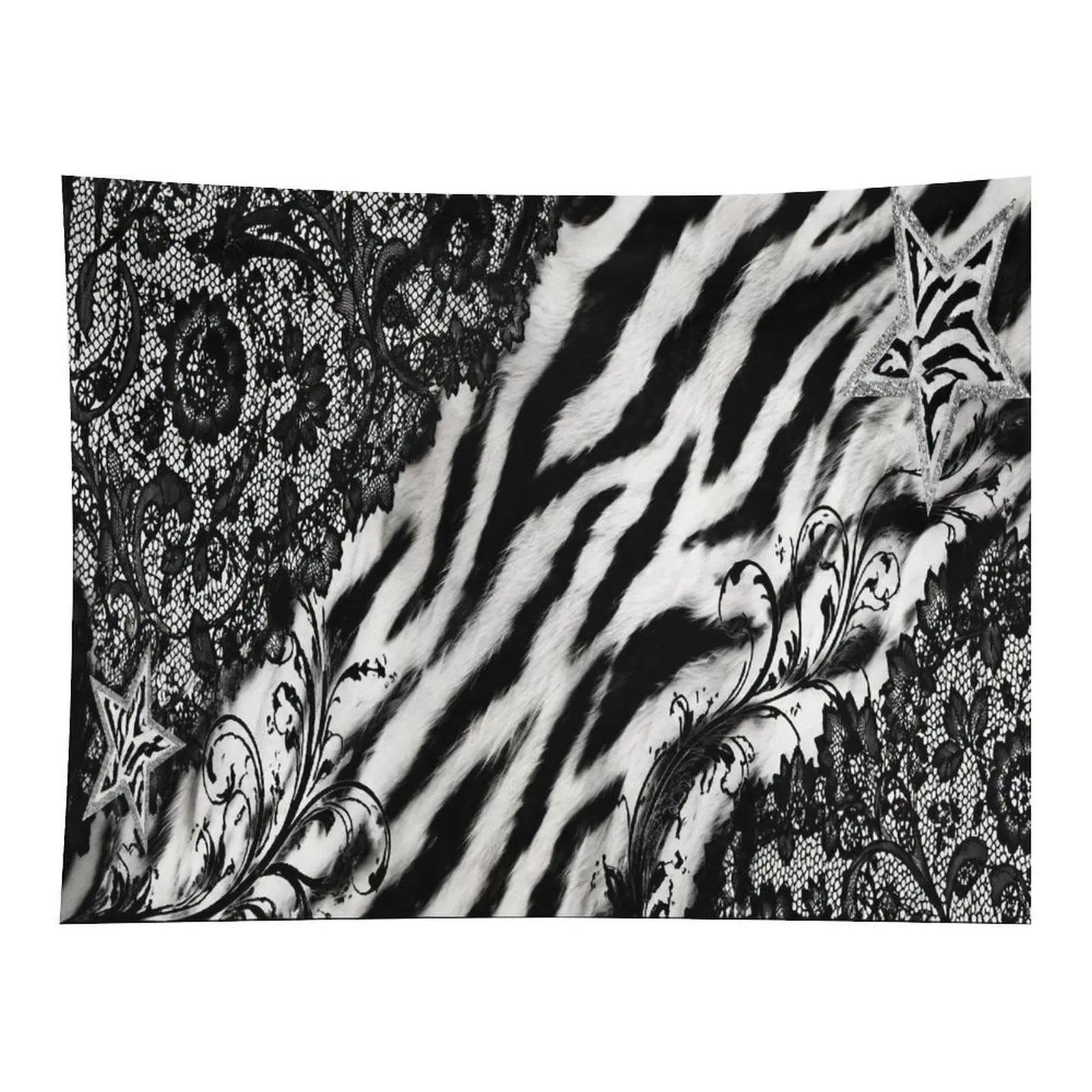 Trendy Zebra Fur Mixed With Black Lace Floral And Glitter Star Gothic Fashion Pattern Wall Tapestry For Unique Bedroom Wall Decor