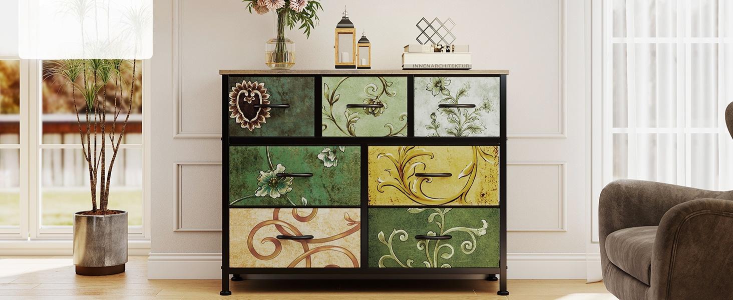 7 Drawer Fabric Storage Dresser with Wood Top, Floral Pattern Organizer Tower for Bedroom, Living Room, Hallway, Entryway 7 Drawer Fabric Storage Dresser with Wood Top, Floral Pattern Organizer Tower for Bedroom, Living Room, Hallway, Entryway