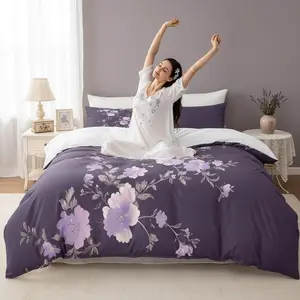 Elegant Flower Duvet Cover King Size for Girls Women, 3 Pieces Purple Floral Pattern Comforter Cover Set Boho Lily Bedding Sets with 2 Pillowcases, All Season Breathable Lightweight No Filler