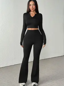 Women's Sporty Yoga Set, 2 Piece Long Sleeve Top & High Waist Pants, Tight-Fitting Below Ankle Design, All Season Workout