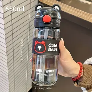2024550ml/650ml Cute Bear Cartoon Portable Water Bottle with Straw Uncharged PC Material High-value with Lifting Handle for Summer Drinks Students Outdoor Sports Fitness Travel Camping Home or Gifts2025 Drinkware Scale Design