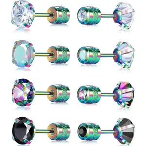 GEMSME Pack of 4 Round CZ Screw Flat Back Earrings Studs Hypoallergenic for Sensitive Ears Jewelry Decoration
