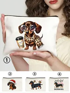 Cute Sausage Dog Heart Print Zipper Polyester Makeup Bag, Girls' Gift, Cartoon Design, Compact & Portable Cosmetic Organizer, Makeup Pouch, Makeup Travel Organizer