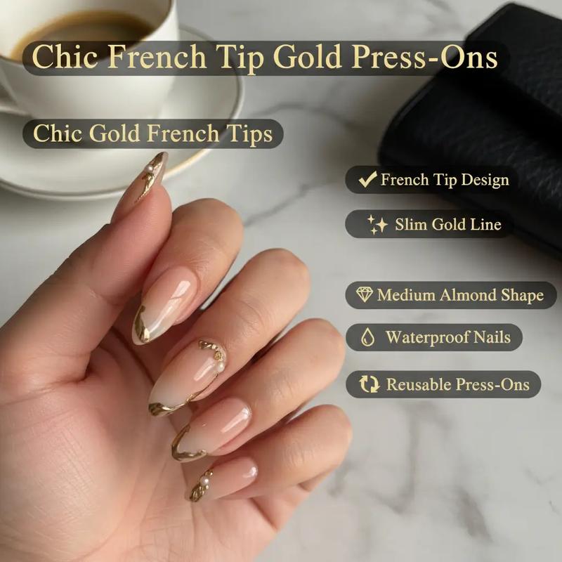 2026 Valentine’s Limited Press-On Nails | Luxury Chic French Tip with Slim Gold Line, 24pcs Medium Almond Press Ons. Waterproof & Reusable, fits most nail sizes. Elegant Salon-Quality Manicure Perfect for Women, Work, Date & Daily Wear.