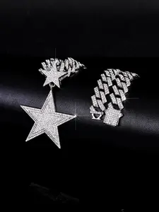 1PC Iced Out New Style Star Pendant Necklace for Men Hip Hop Blue Rhinestone Five-Pointed Star Pendant with Charm Cuban Chain Link Jewelry Gift for Women Funky Star Button Pendant Chain Gift for Friend Exquisite Chain Jewelry