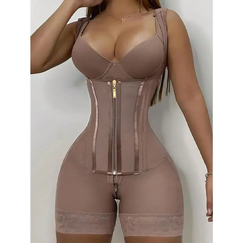 Women's High Compression Full Body Shapewear - Polyamide Blend, Soft Smooth Front Zipper Waist Trainer Corset with Tummy Control, Tummy Lift, Butt Lifter, Thigh Slimmer, Adjustable Strap, Seamless Fit, Minimalist Style for Postpartum, Everyday Use