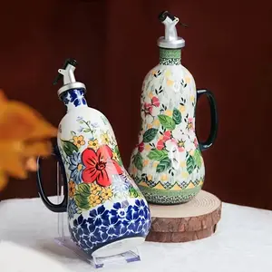 Hand-Painted Ceramic Oil Pot with Olive Oil Pump & Handle, Elegant Floral Design, Large Capacity, Ideal for Kitchen Decor & Cooking
